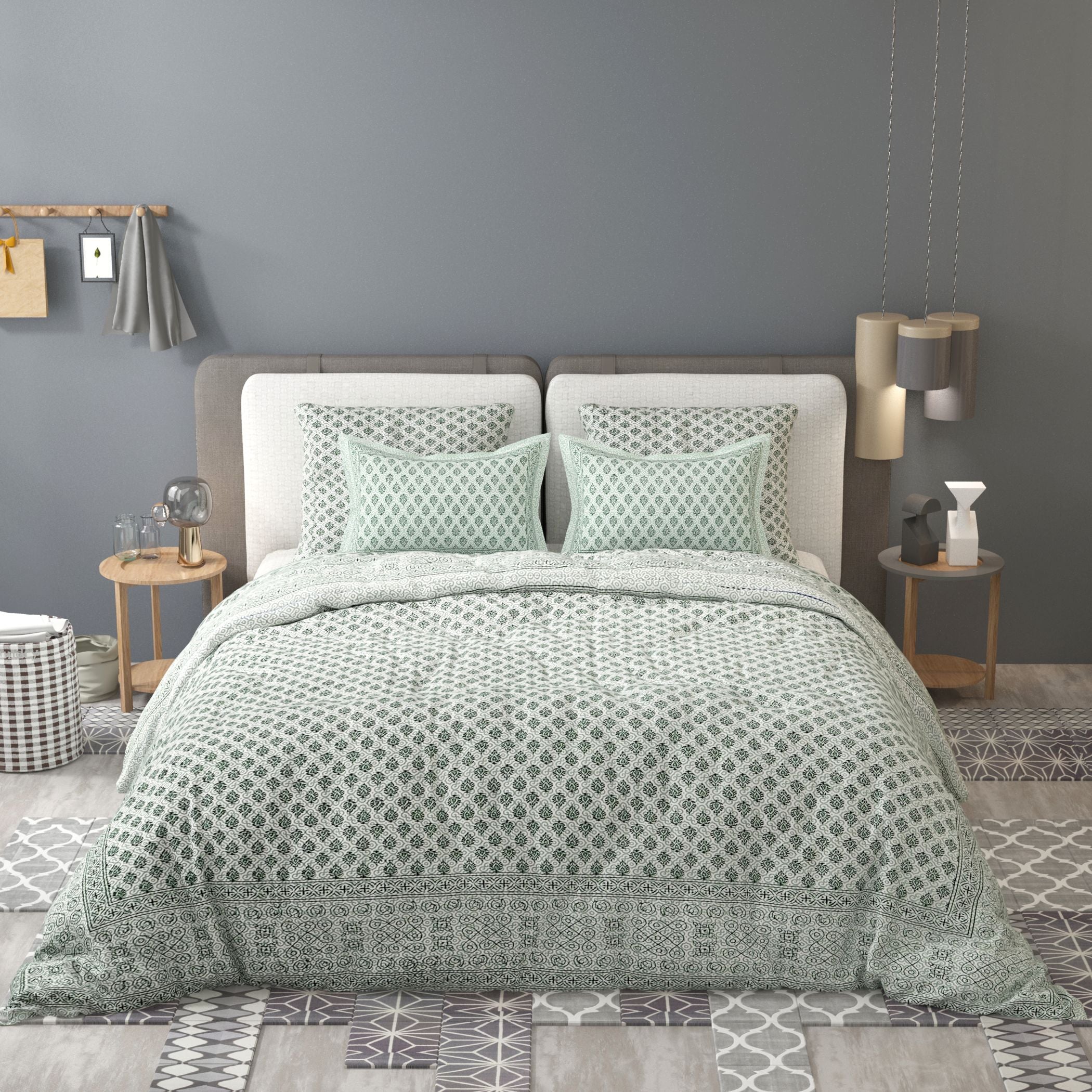 Blue Ethnic Motifs Cotton 200TC King Bedsheet With 2 Zipper Pillow Covers - King Size by House of Ree - Distacart