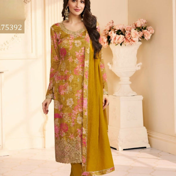 Anaita Mustard Chinon Stitched Suit with Multi Digital Print - Distacart