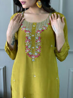 Thumbnail for The52 Mustard Gorgeous Embroidered Viscose Chanderi Fabric Straight Kurta Pant with Dupatta Set - Distacart