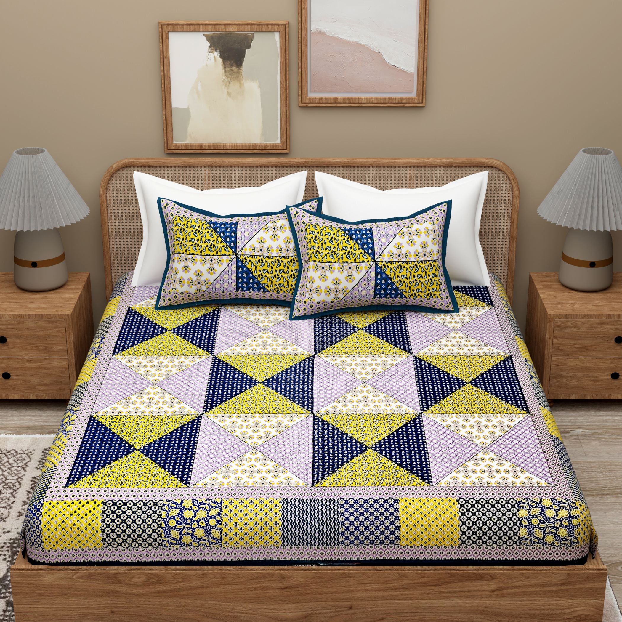 Blue Ethnic Motifs Cotton 300TC Bedsheet With 2 Zipper Pillow Covers - Super King Size by House of Ree - Distacart