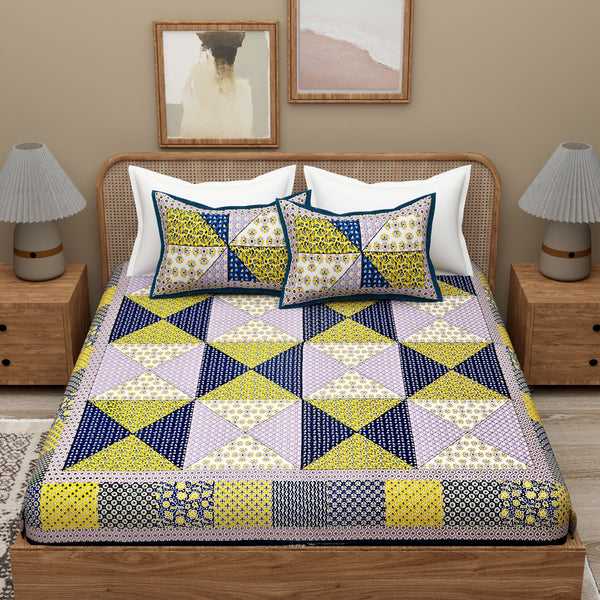 Blue Ethnic Motifs Cotton 300TC Bedsheet With 2 Zipper Pillow Covers - Super King Size by House of Ree