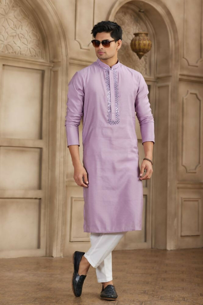 Raivat Ethnic Banarasi Art Silk Mirror Work Kurta Pajama In Purple Colour
