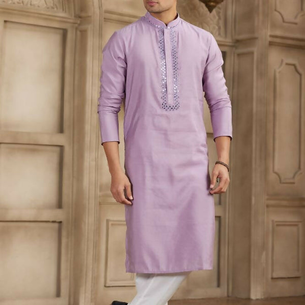 Raivat Ethnic Banarasi Art Silk Mirror Work Kurta Pajama In Purple Colour