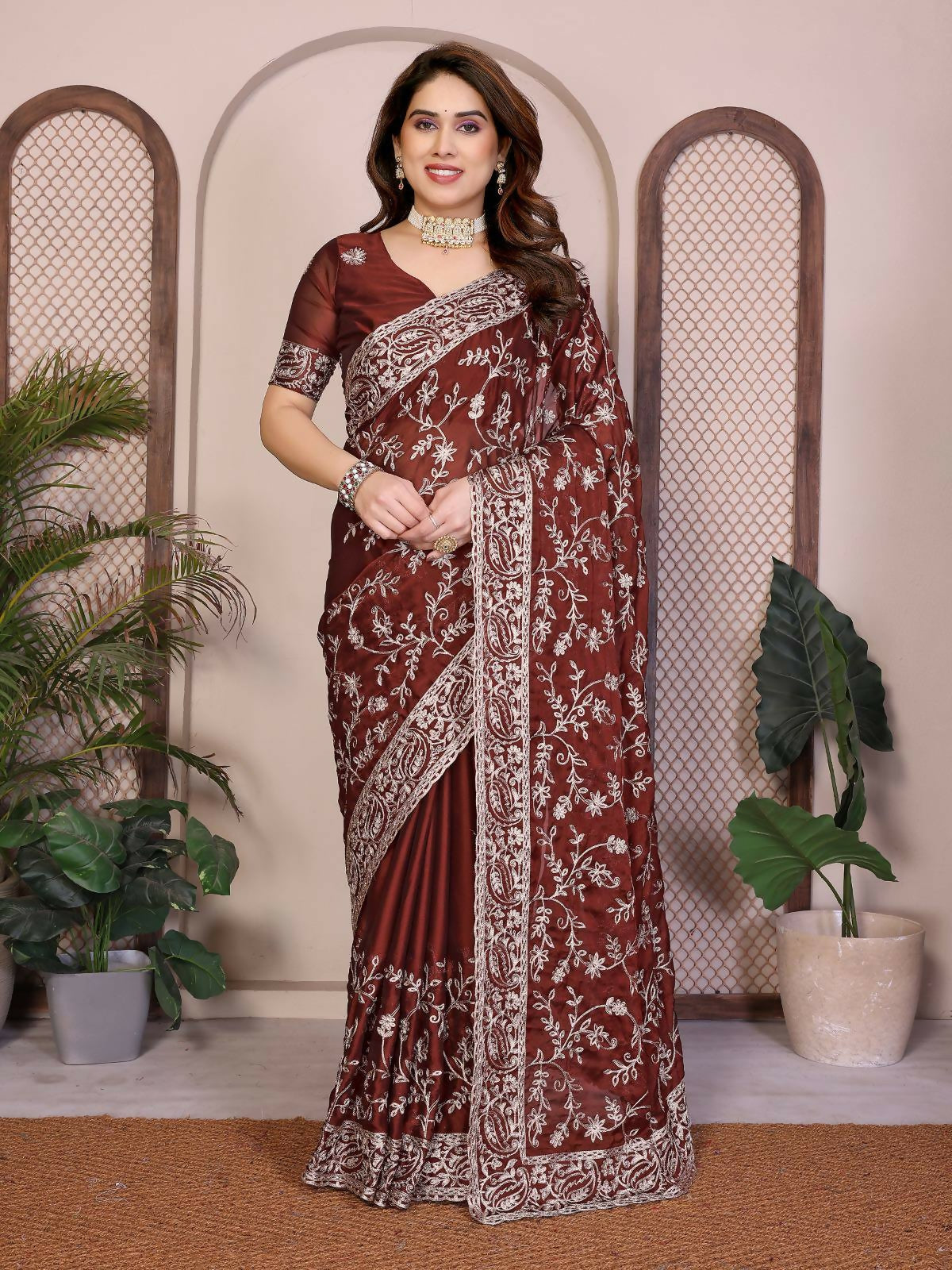 Teeya Creation New Trendy Stylish Party Wear Silk Saree-Brown - Dista