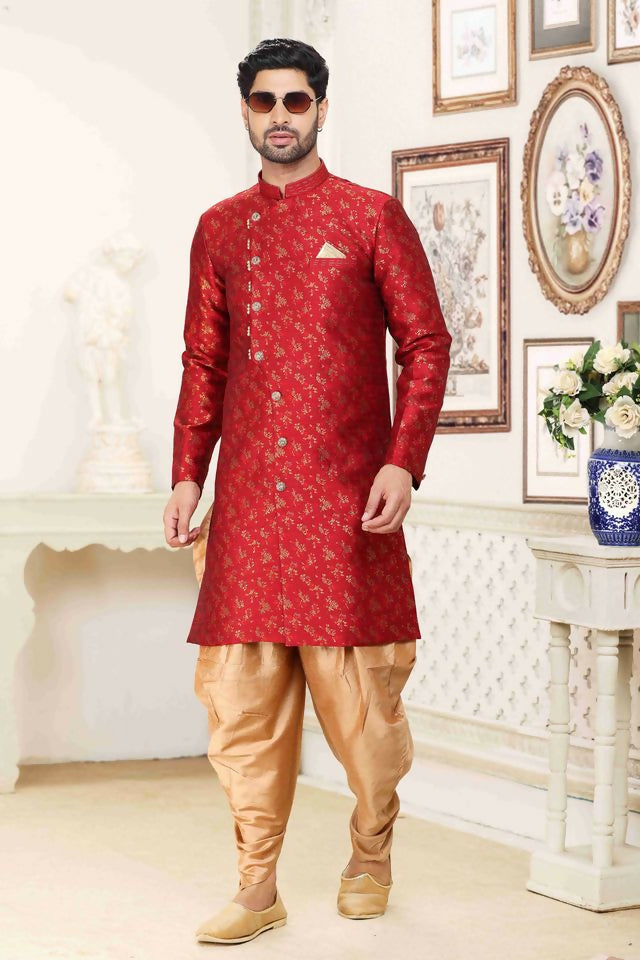 Raivat Ethnic Banarasi Jacquard Embroidery Semi Indo Western Sherwani In Maroon Colour