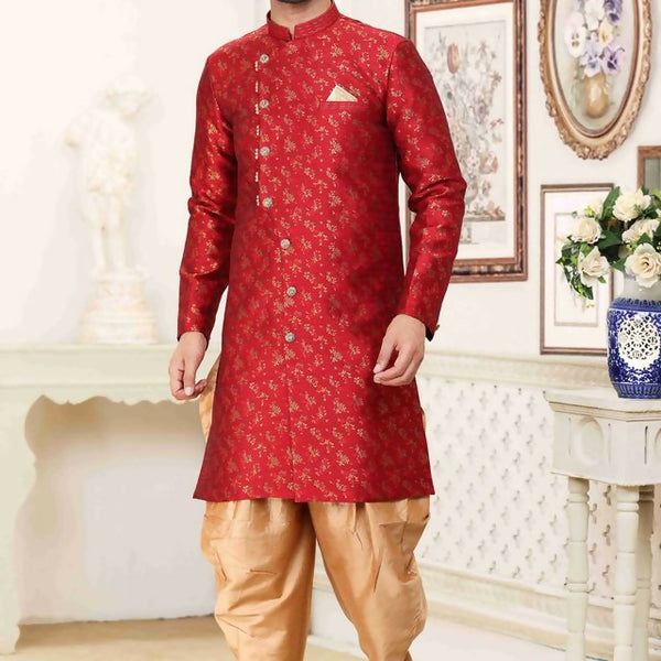 Raivat Ethnic Banarasi Jacquard Embroidery Semi Indo Western Sherwani In Maroon Colour - Distacart