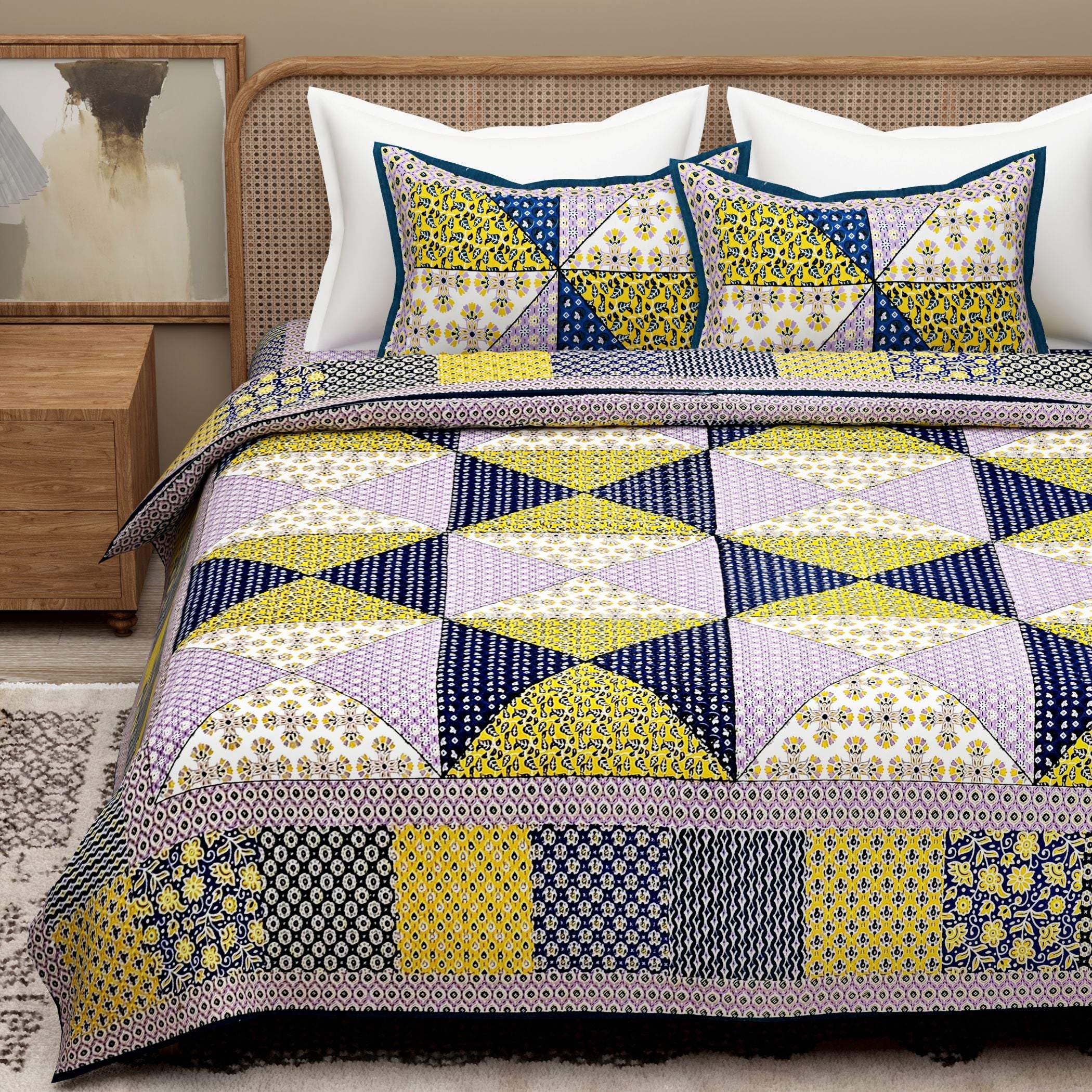 Blue Ethnic Motifs Cotton 300TC Bedsheet With 2 Zipper Pillow Covers - Super King Size by House of Ree - Distacart