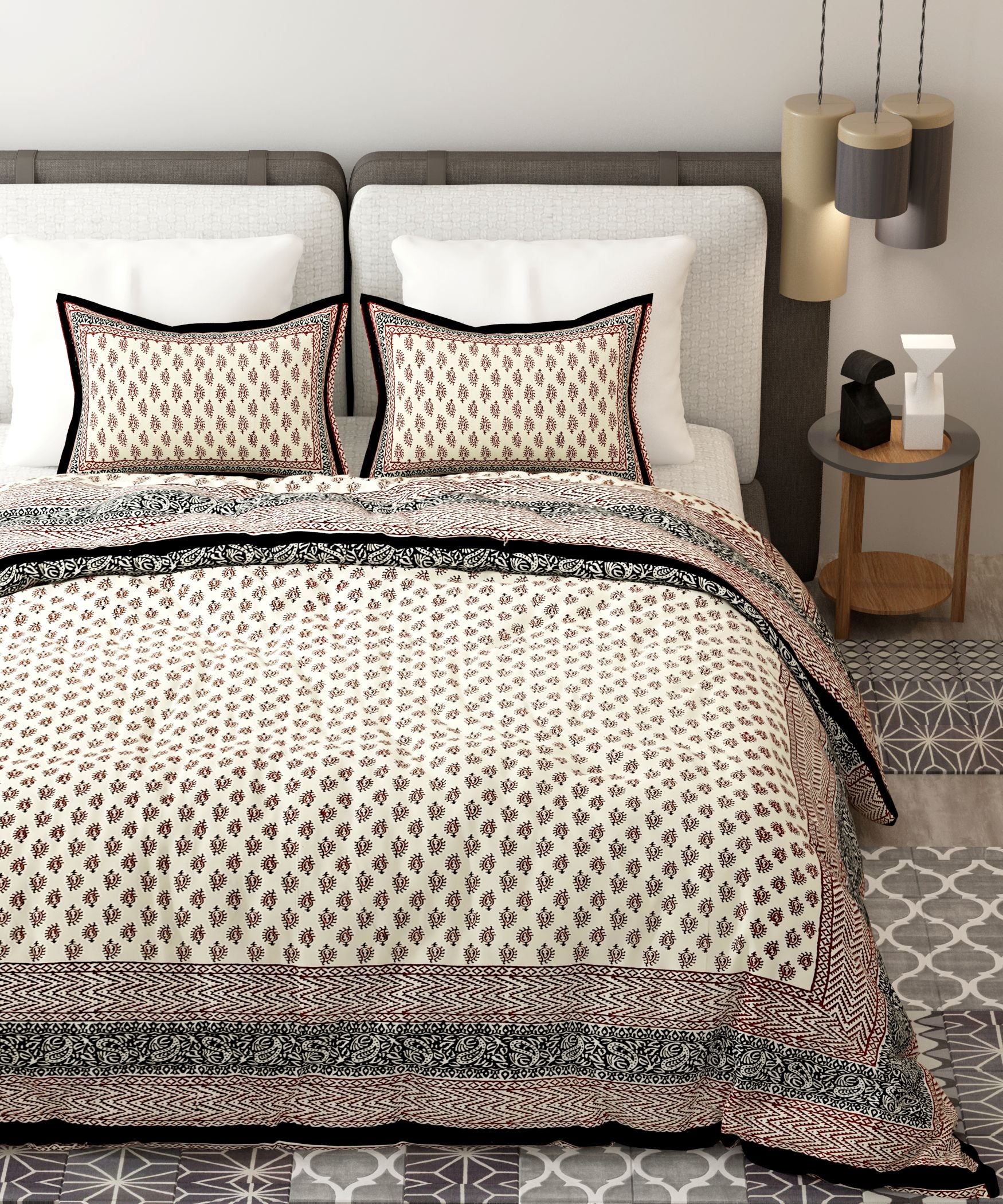 Brown White Handblock Printed Cotton 200TC King Bedsheet With 2 Zipper Pillow Covers - King Size by House of Ree - Distacart