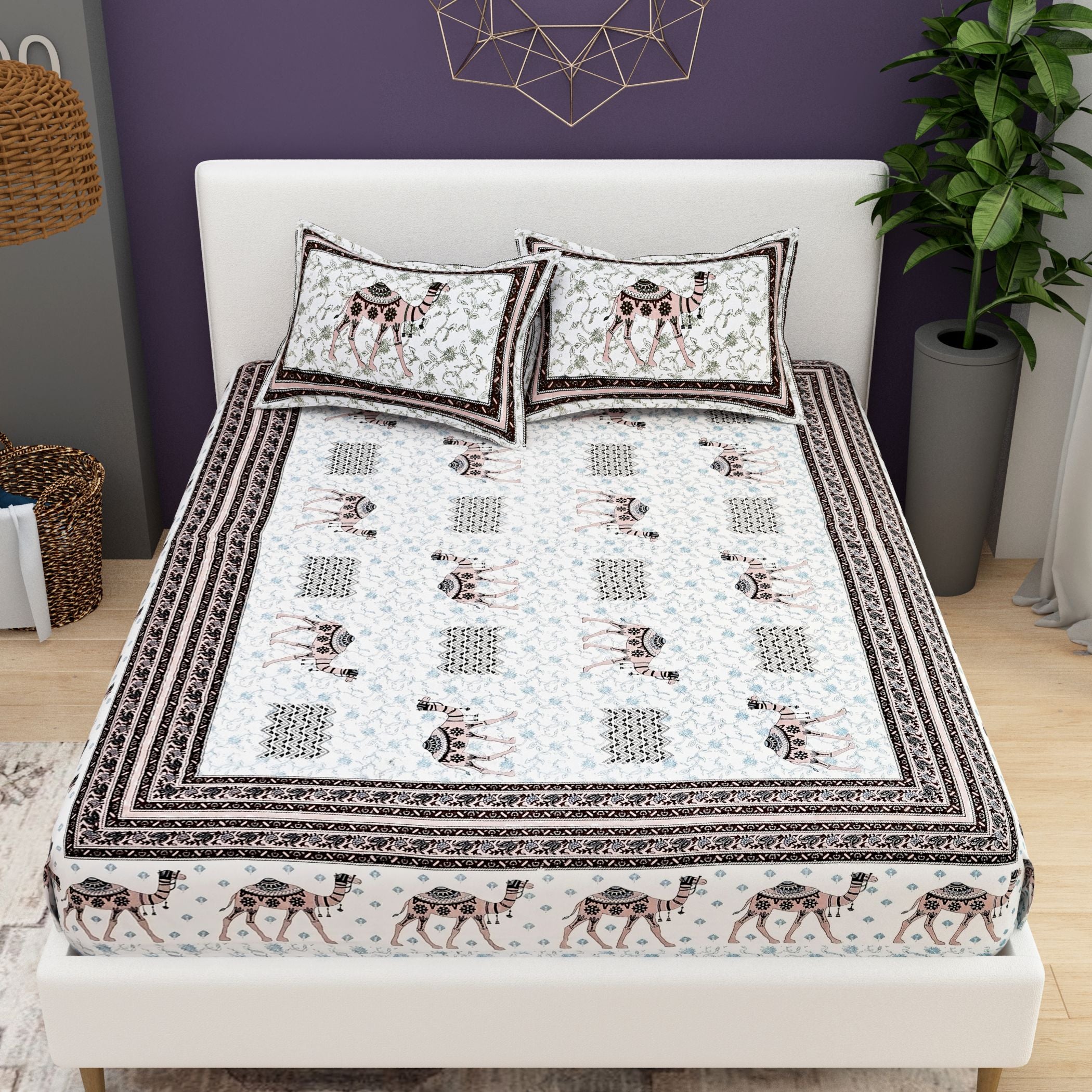 Blue White Ethnic Motifs Cotton 200TC King Bedsheet With 2 Zipper Pillow Covers - King Size by House of Ree - Distacart