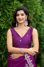 Thumbnail for Vastranavya Purple Embroidery Work Shimmer Chiffon Saree with Unstitched Blouse