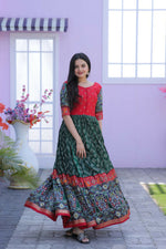 Thumbnail for Jyoti Fashion Women's Bottle Green Patola with Foil Print Dola Silk Anarkali Dress - Distacart