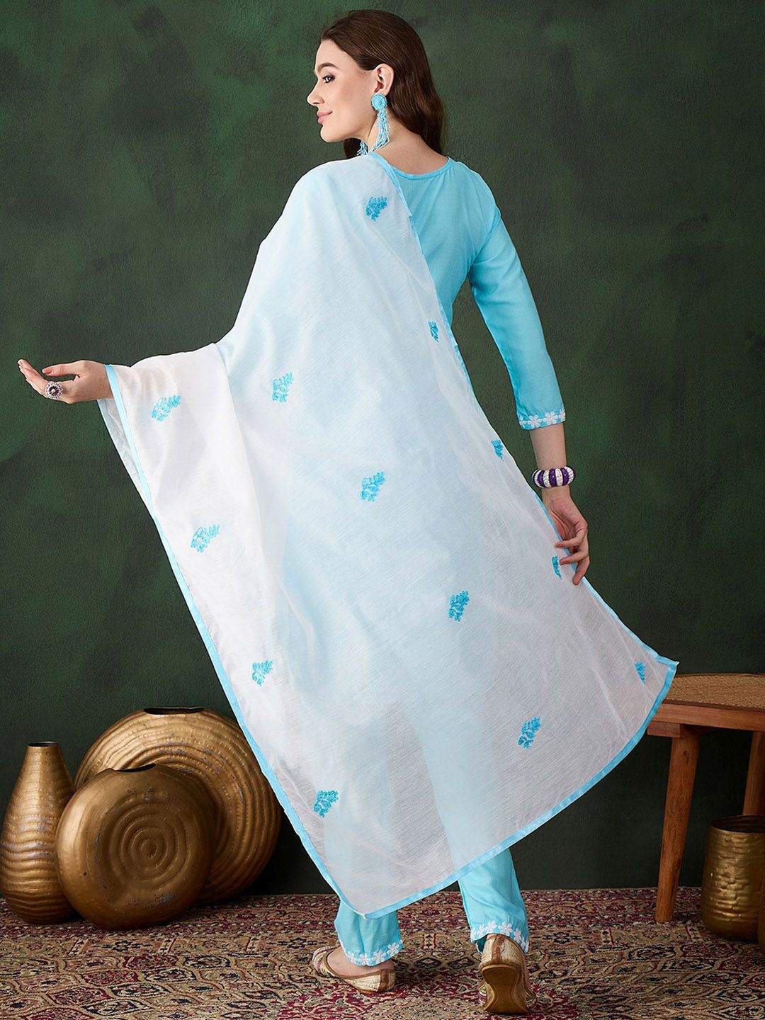 Sangria Blue and White Ethnic Motifs Embroidered Thread Work Pure Cotton Kurta Set