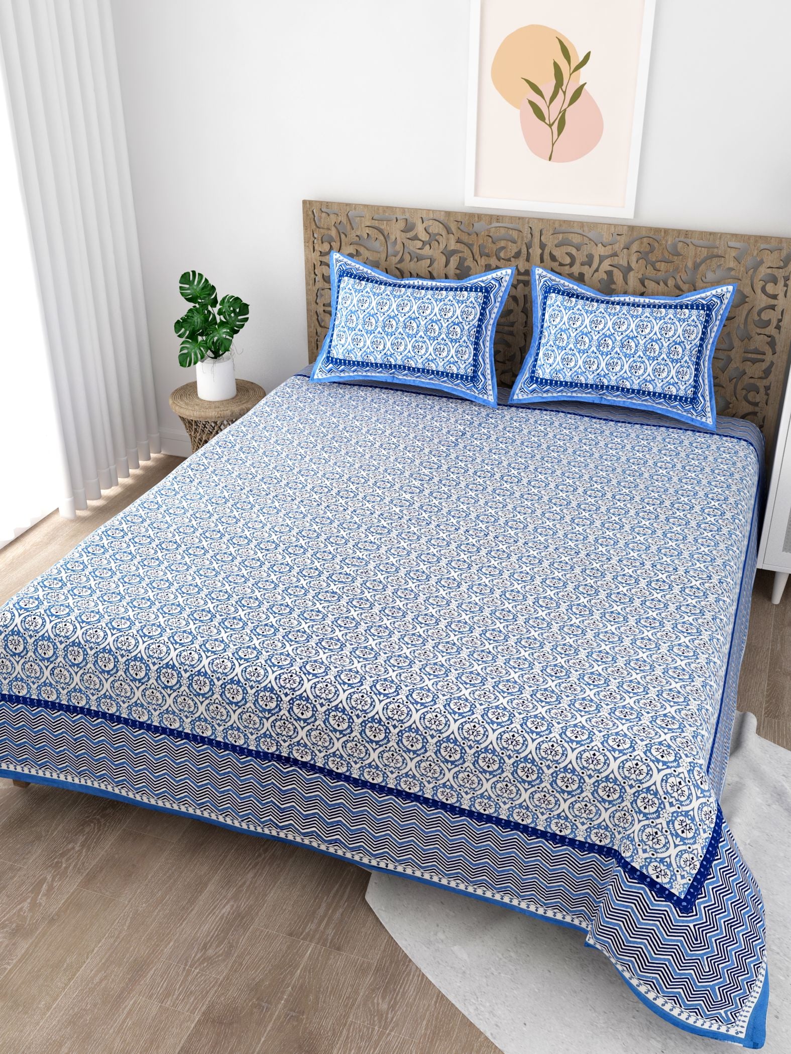 Blue White Floral Printed Cotton 200TC King Bedsheet With 2 Zipper Pillow Covers - King Size by House of Ree - Distacart