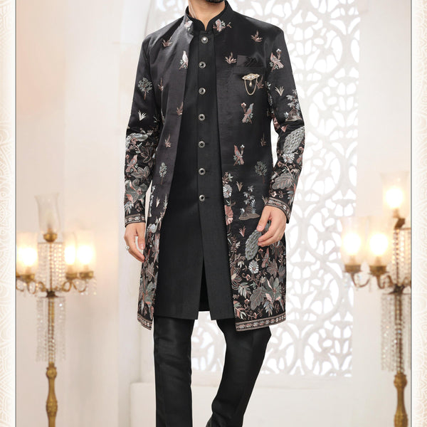 Joban Fashion Men's Black Straight Silk Thread And Sequence Embroidery All Over 3 Pc Kurta Set - Distacart