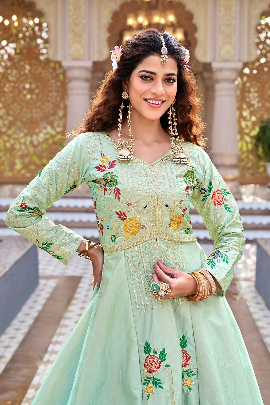 Teeya Creation Womens New Simply Wear Embroidery Sequence With Thread Work Light-Green Gown Set - Dista