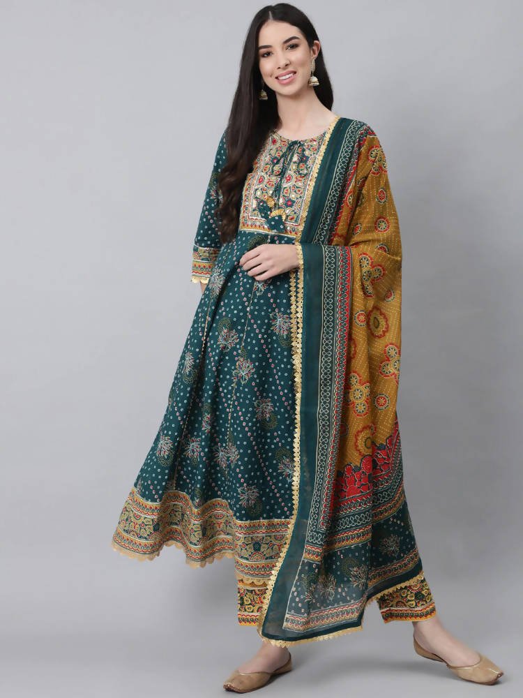 Anubhutee Teal Ethnic Motifs Printed Empire Thread Work Pure Cotton Kurta with Trousers & With Dupatta - Distacart