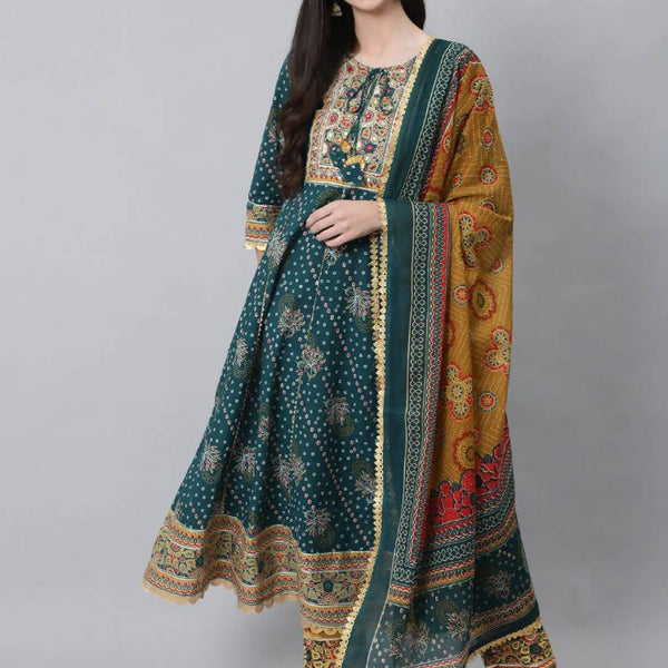 Anubhutee Teal Ethnic Motifs Printed Empire Thread Work Pure Cotton Kurta with Trousers & With Dupatta - Distacart