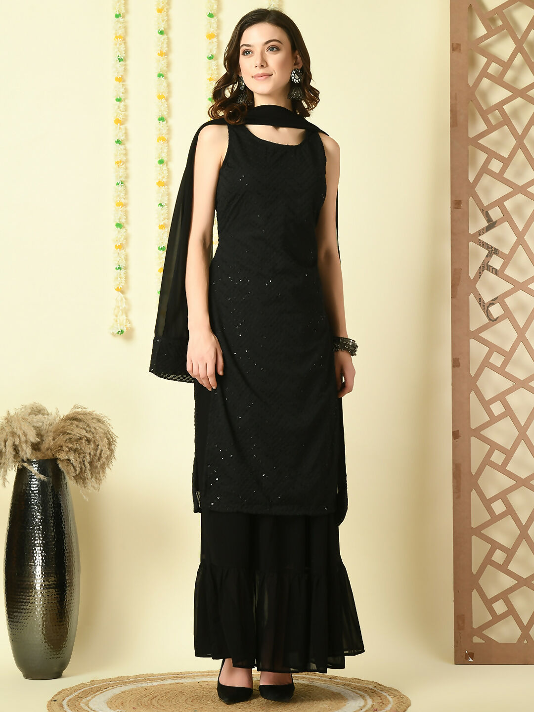 Myshka Women's Black Georgette Kurta & Skirt With Dupatta Party Sets - Distacart