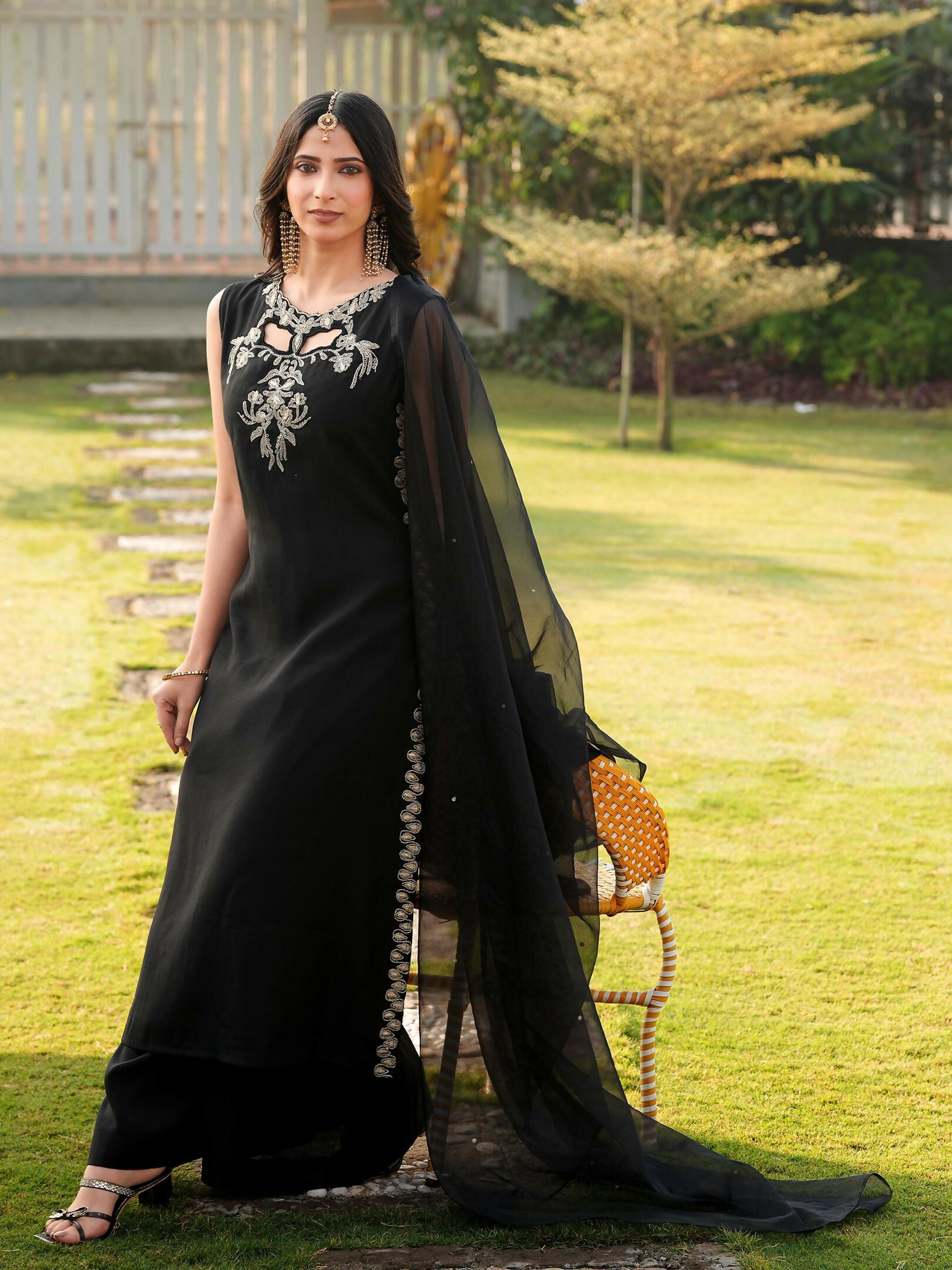 Nikhaar Black Embroidered Art Silk Stitched A Line Kurta Palazzo Dupatta Readymade Suit - Dista