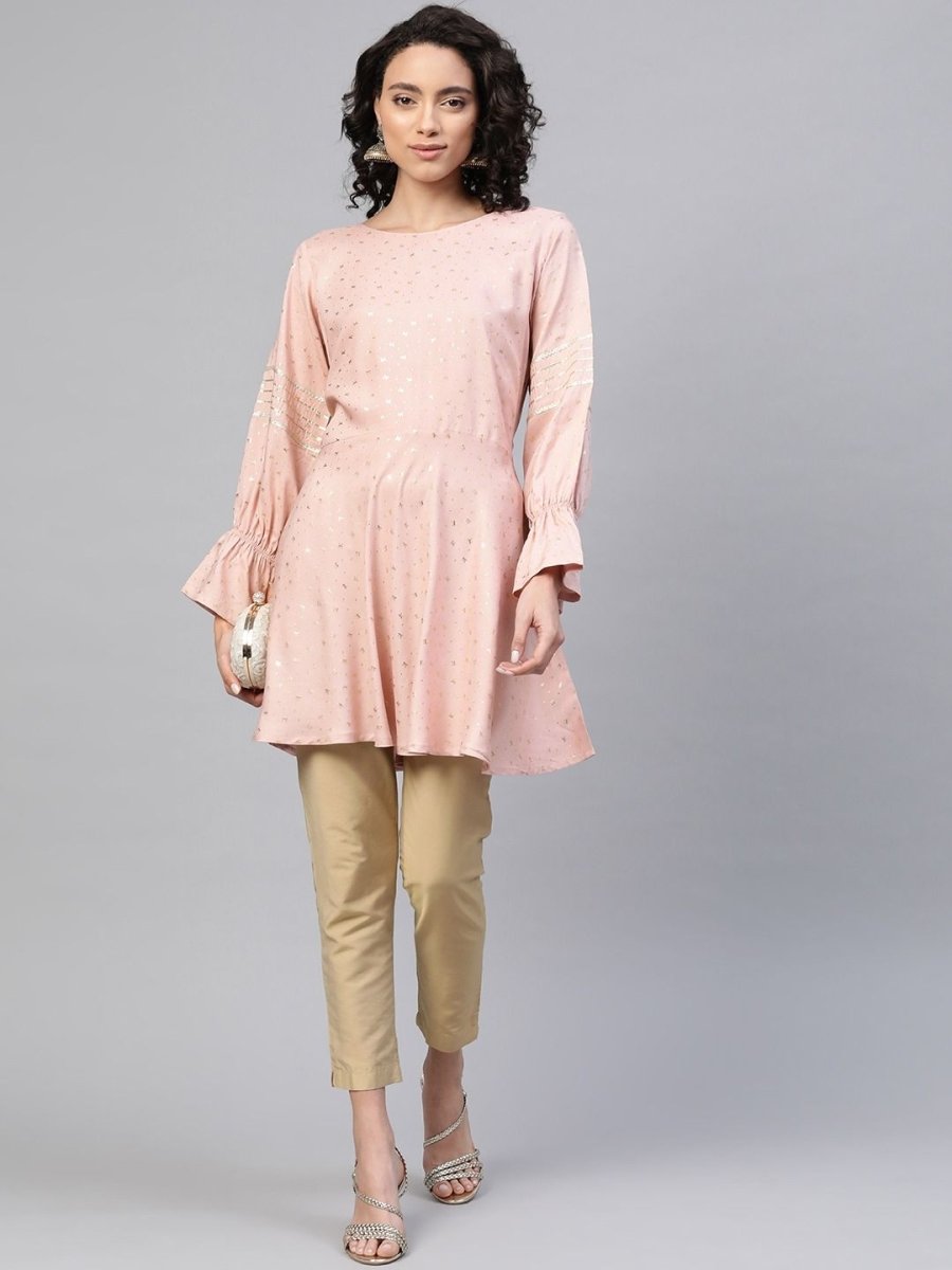 Ahalyaa Women Pink Rayon Golden Ethnic Print Tunic