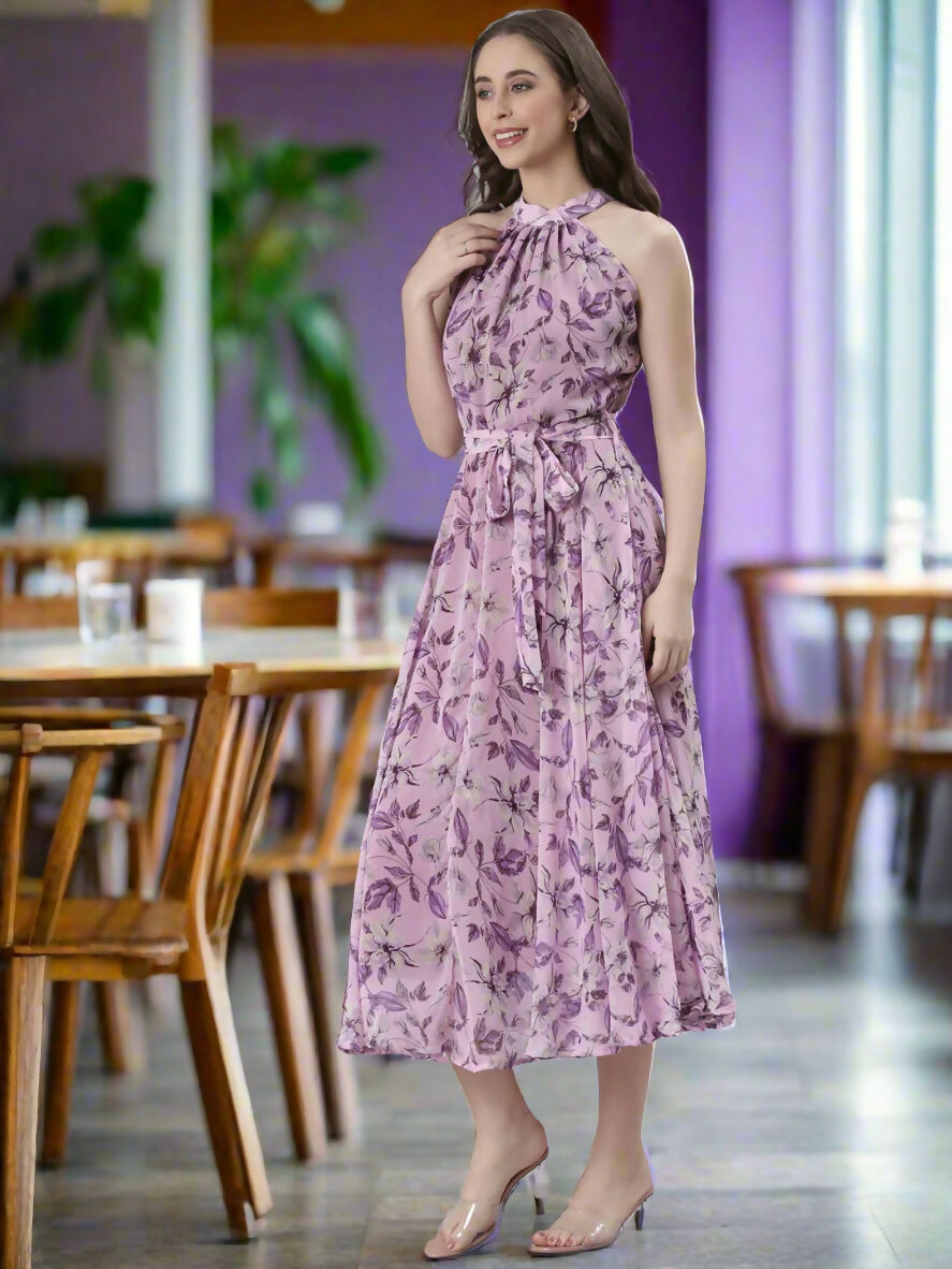 Souchii Lavender Floral Chiffon Dress -Souchii