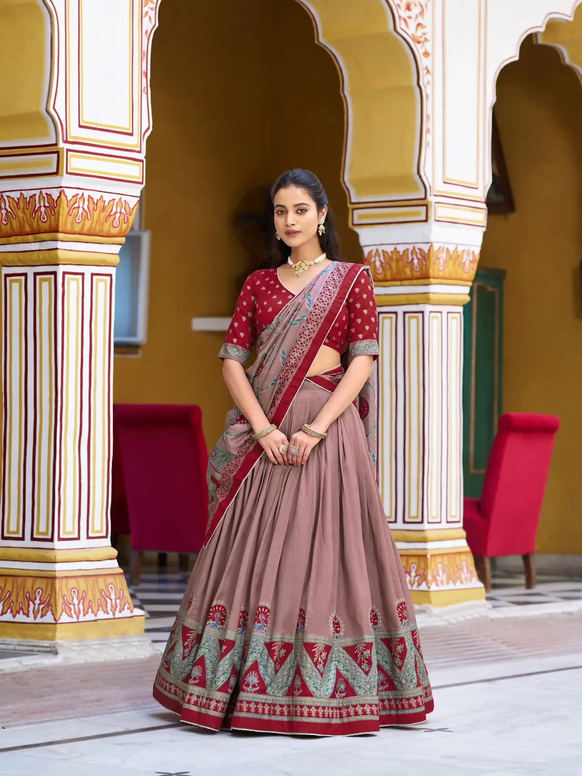 Looknbook Art Traditional Printed Tussar Silk Pleated Lehenga Choli for Women-Maroon