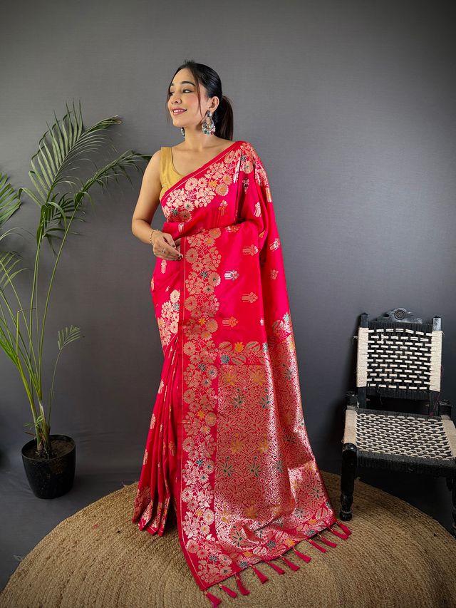 Elora Pink Soft Silk Floral Zari Weaving Meenakari Saree With Floral Border