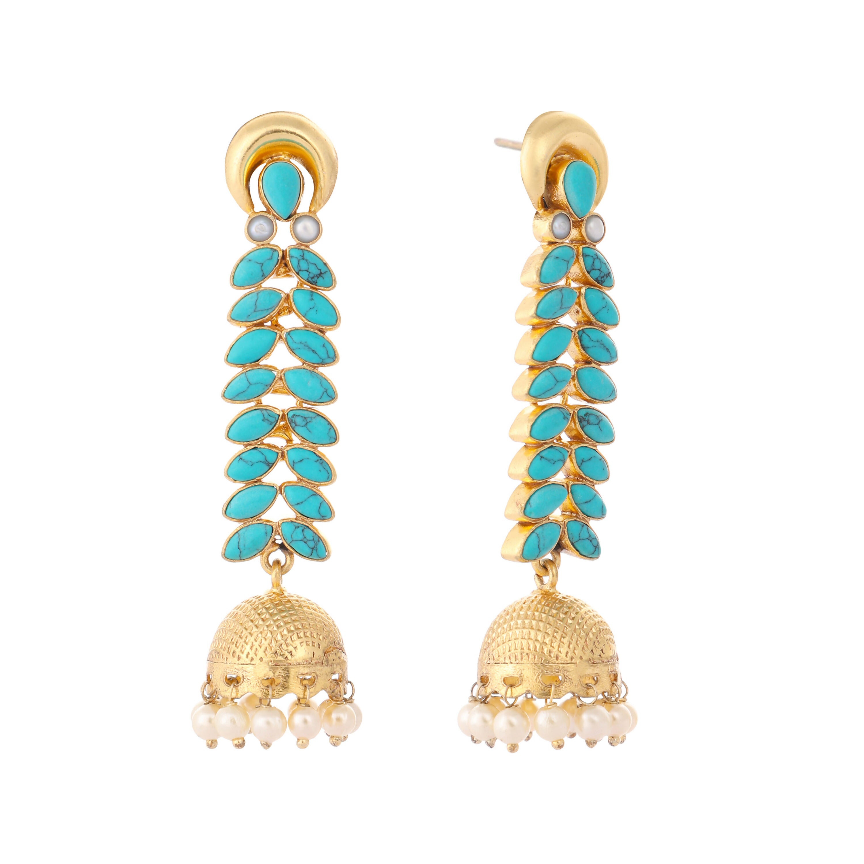 Nuyug 22K Gold Plated Pearl & Turquoise Stone Studded Contemporary Shaped Jhumkas