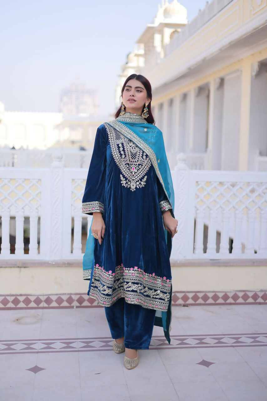 Teeya Creation Womens New Rama Velvet With Rich Zari Coding Embroidered Work Kurta Pant Dupatta Set - Dista