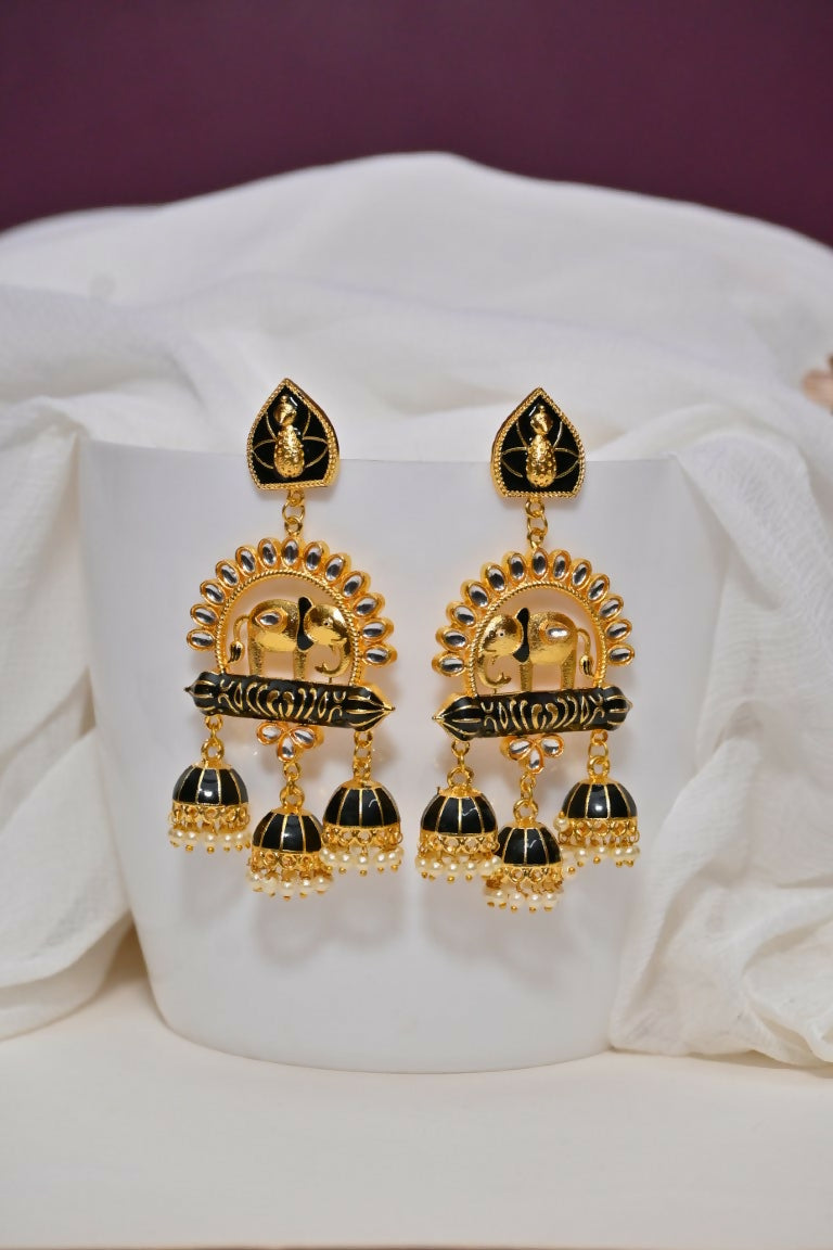 Black Traditional Gold-Polished Elephant Design Kundan Jhumka Jhumki Earrings Indian Jewellery For Women & Girls By House of Ree - Distacart