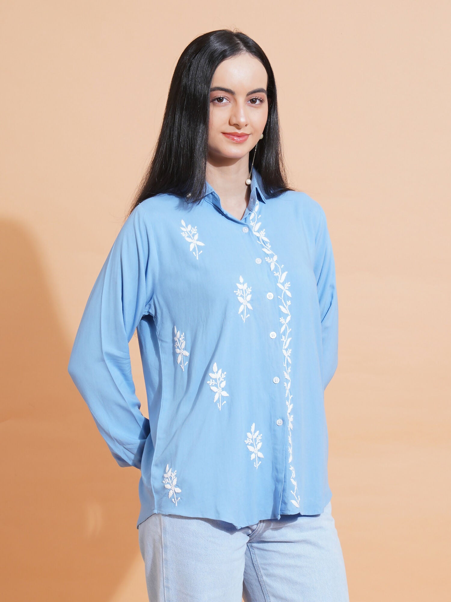 Pahnaz Modal Chikankari Handwork Shirt-Blue - Dista