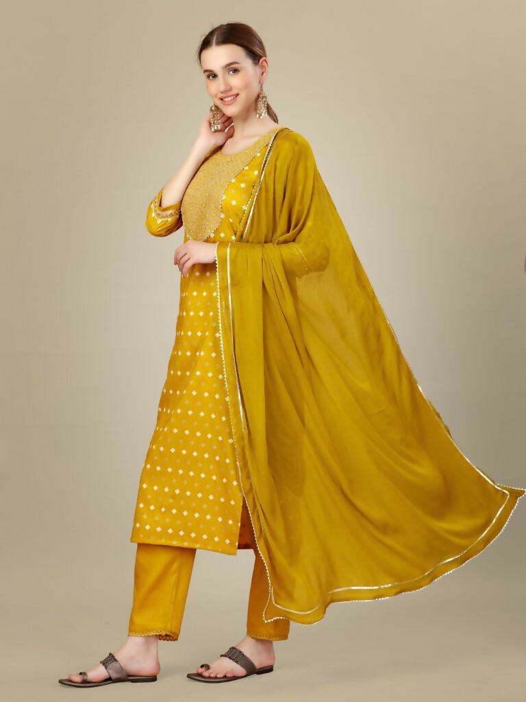 Jyoti Fashion Women's Golden Silk Blend Embroidery & Sequence work Kurta with Trouser & Dupatta - Distacart