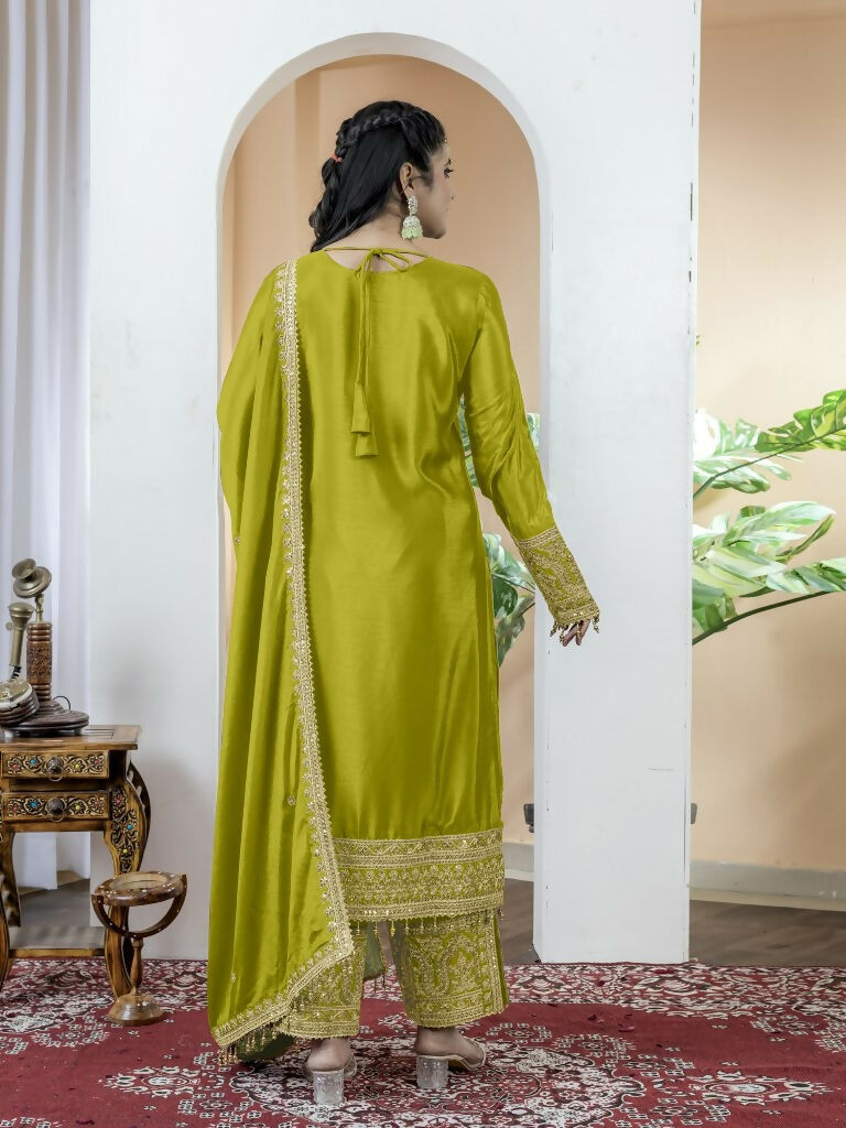 Teeya Creation Pista Green Color Chinnon Silk Embroidery Work Fully Stitched Salwar Suit