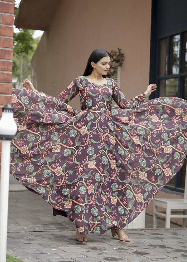 Jyoti Fashion Women's Coffee Faux Georgette Floral Digital Printed Anarkali Dress with Dupatta - Distacart