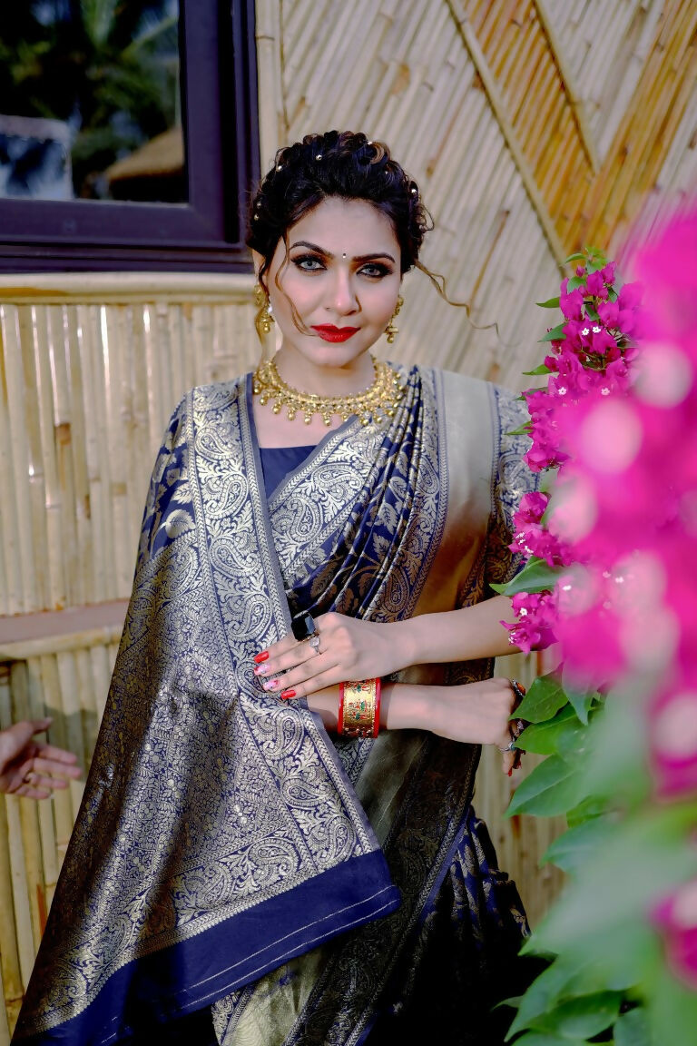 Partywear Designer Blue Banarasi Silk Fancy Saree - Starwalk - Distacart
