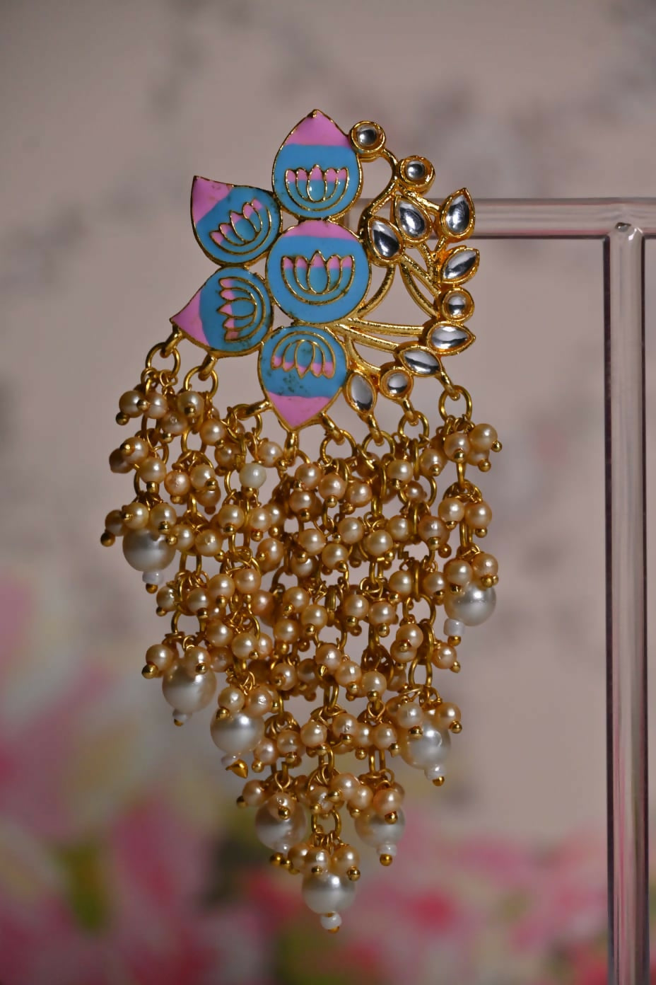 Sky Blue And Pink Ethnic Enamel Meenakari Lotus Earrings By House of Ree - Distacart