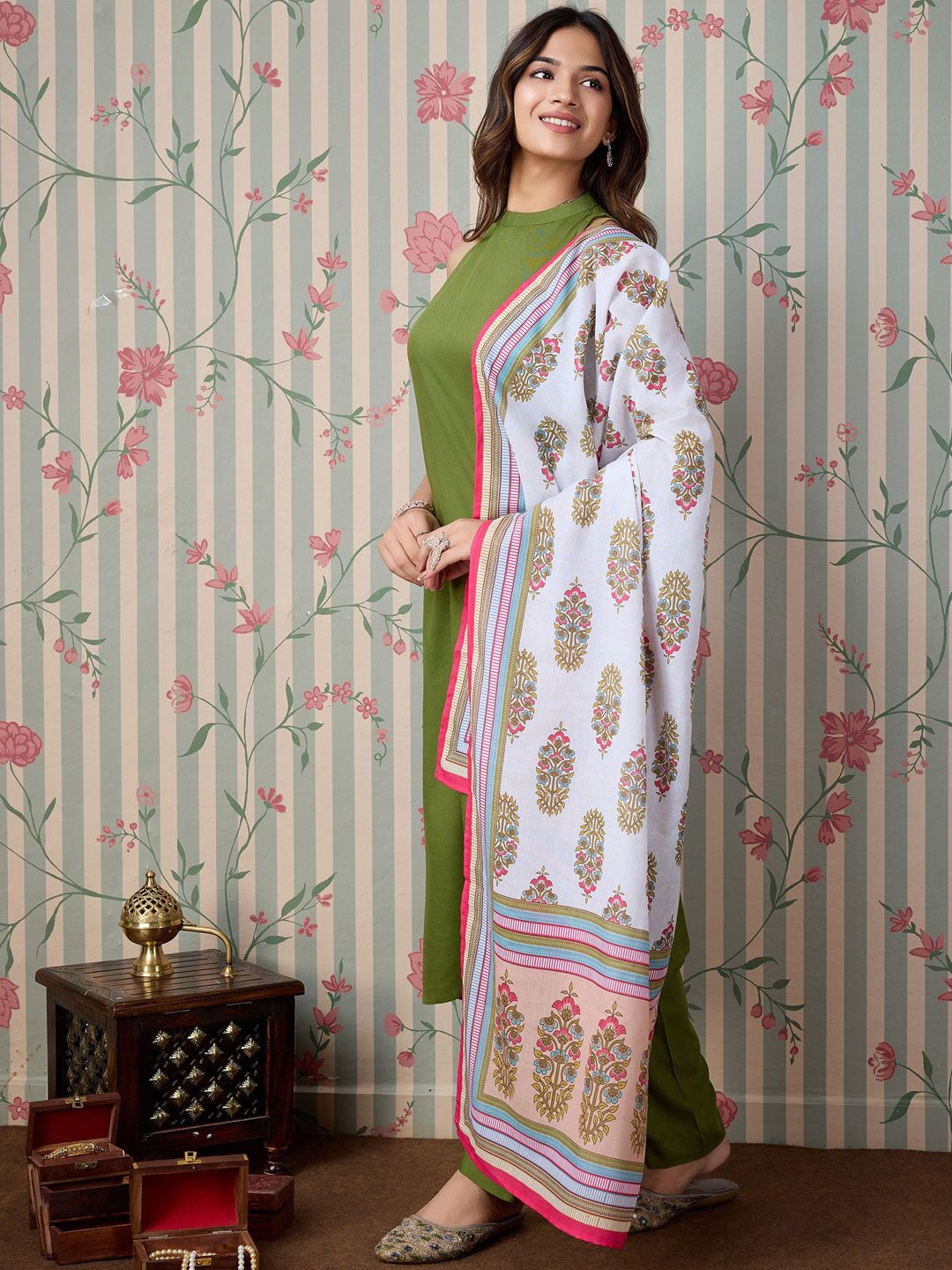 Ode by House of Pataudi Round Neck A-Line Kurta with Trousers & Dupatta - Distacart