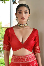 Thumbnail for Vishnu Weaves Women's Red Handloom Raw Silk Thread Weaving Saree with Blouse