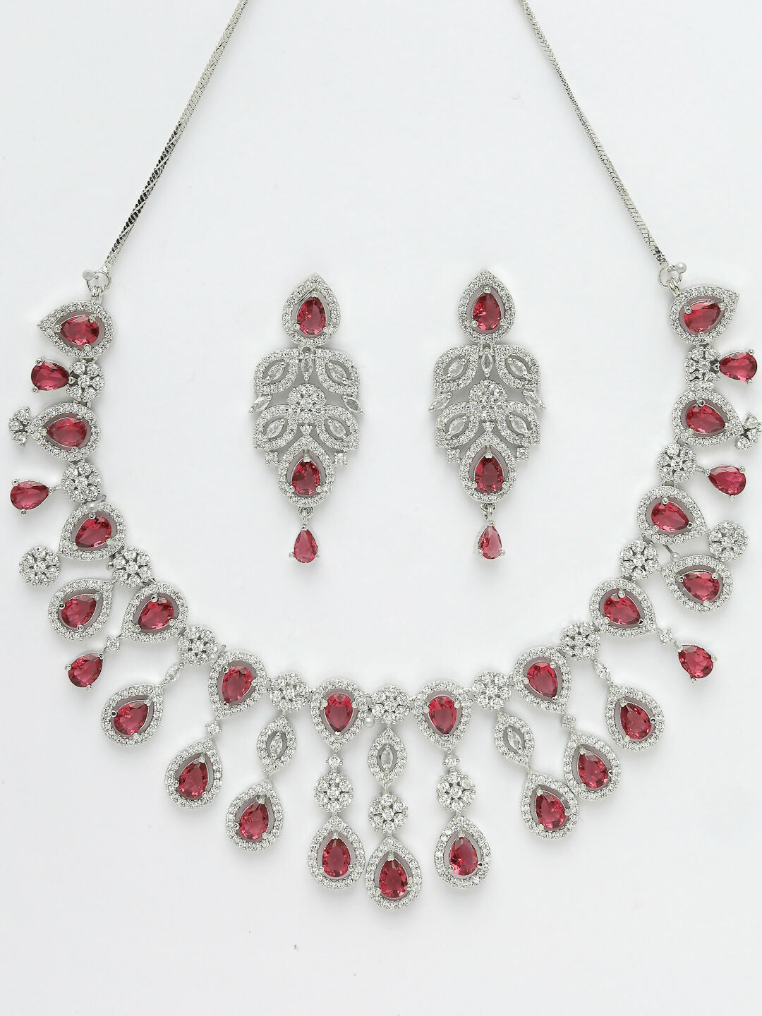 NVR Women's silver plated Maroon CZ stone handcrafted jewellery set - Distacart