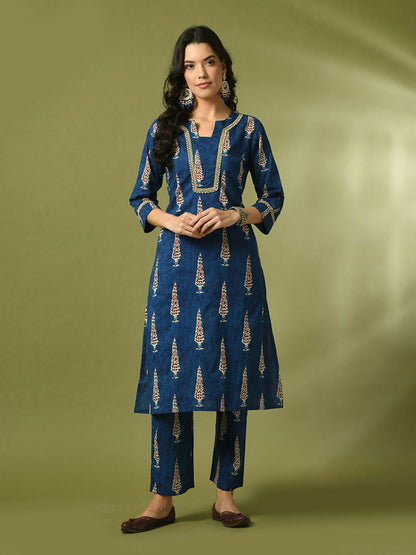 Myshka Women's Blue Printed Cotton Straight Party Kurta Set - Distacart