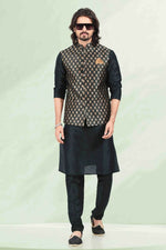Thumbnail for Raivat Ethnic Jacquard Banarasi Silk Woven Work 3 Pics Jacket Set In Black Colour - Distacart