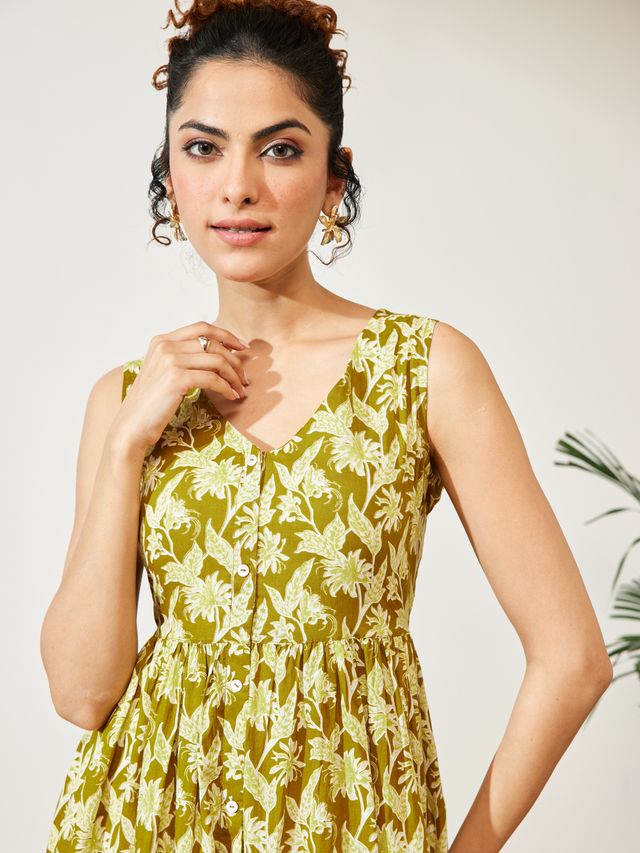 Janasya Olive A-Line Cotton Dress - Dista
