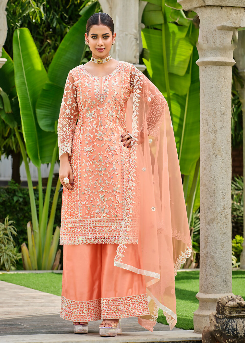 Pretty Peach Stone & Cording Work Festive Palazzo Suit - Emponline - Distacart