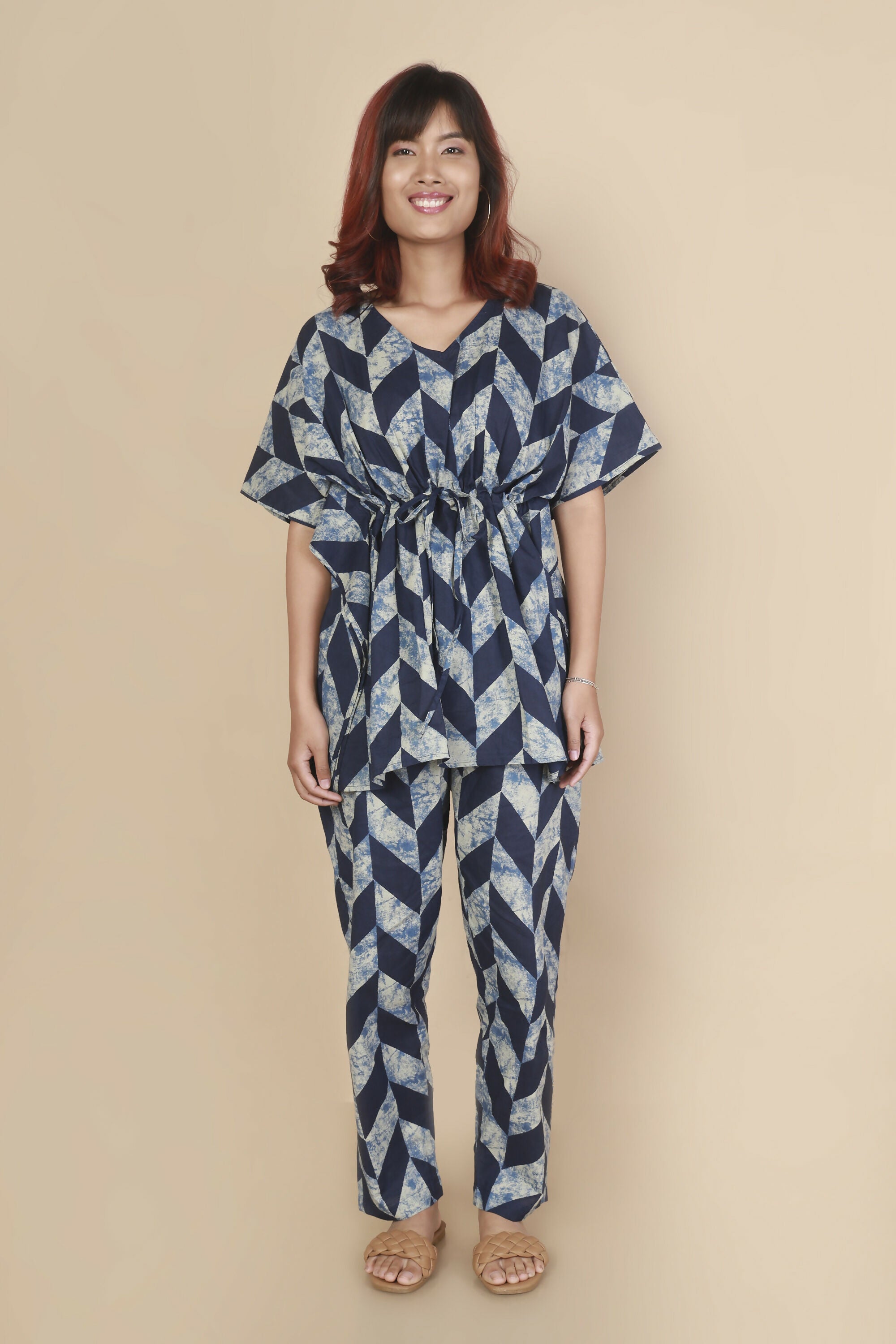 Breathables Women’S Loungewear Kaftan Cotton Blue Geometric Print Co-Ord Set - Dista