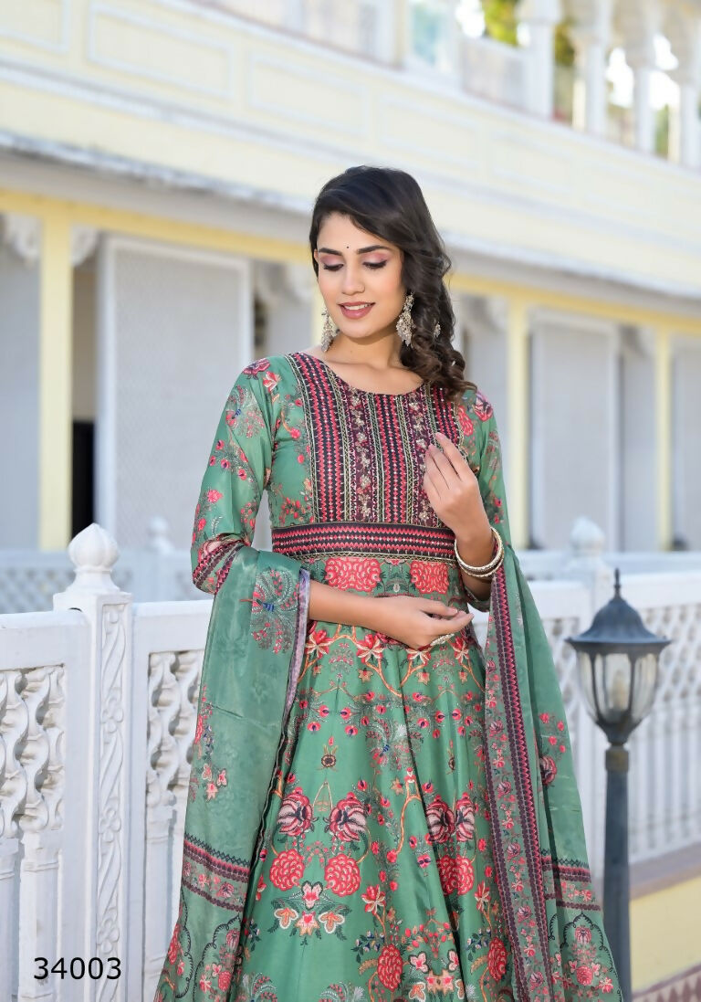 Partywear Designer parrot Dola Silk Anarkali suit with Dupatta - Suzen - Distacart