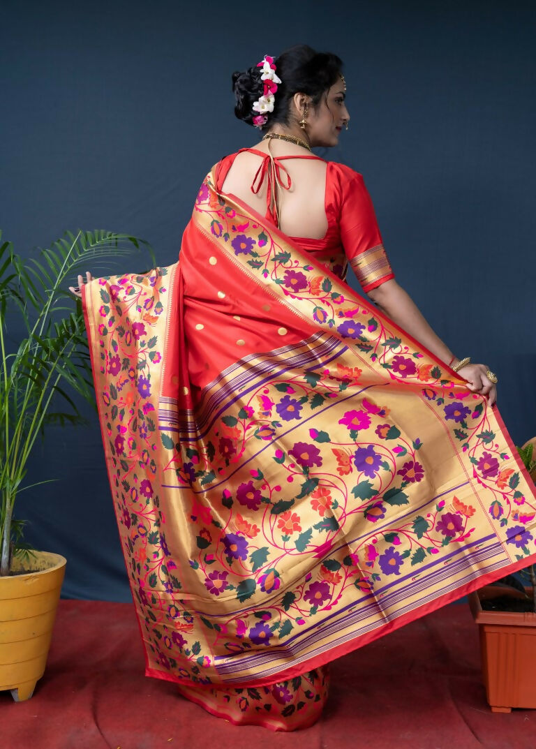 Jyoti Fashion Women's Red Paithani Silk Zari Woven Saree with Blouse - Distacart