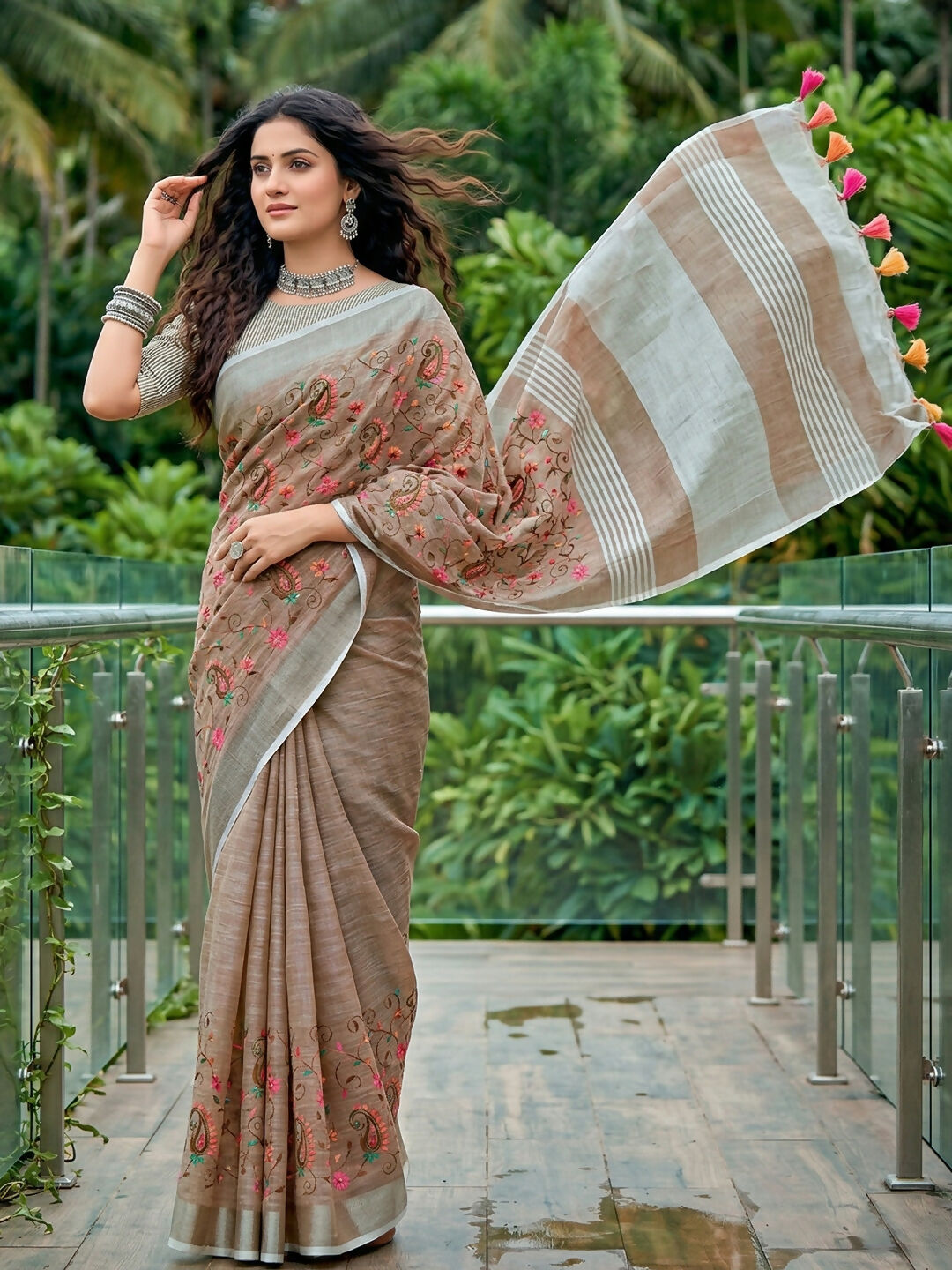 Shree Shyam Fashion Brown Linen Saree - Dista
