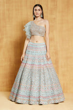 Thumbnail for Jyoti Fashion Light Turquoise Thread, Zari and Paper Mirror Embroidered Organza One Shoulder Bridal Lehenga Choli - Distacart