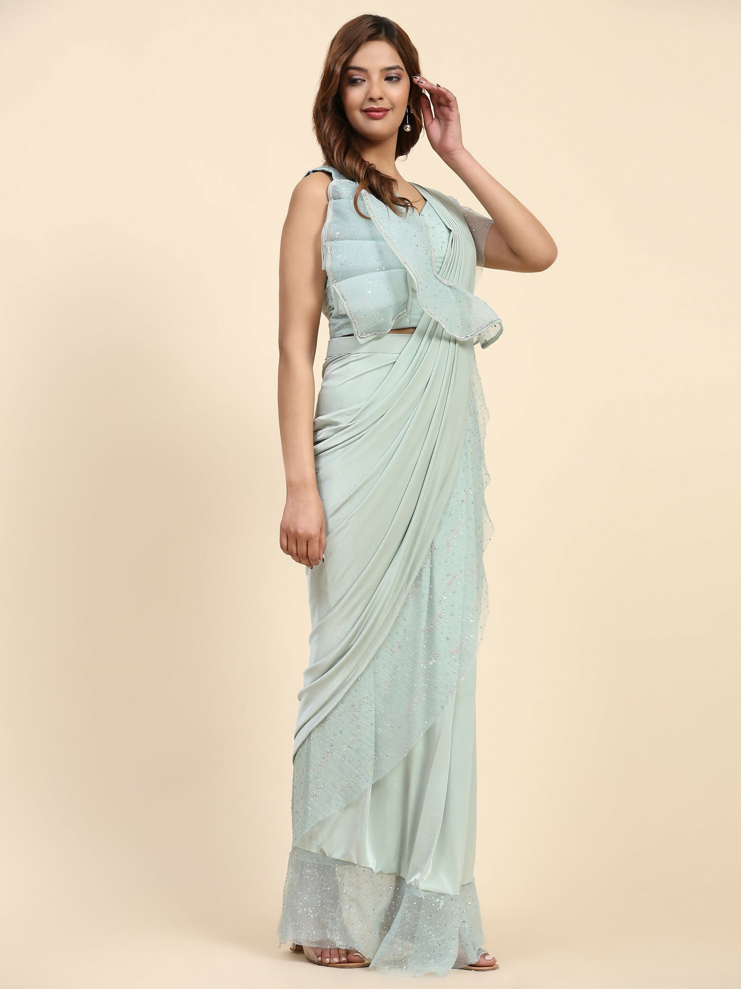 Light Blue Lycra Solid Ready to Wear Saree with stitched Blouse - Nita - Distacart