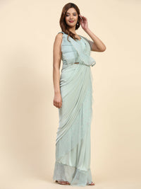 Thumbnail for Light Blue Lycra Solid Ready to Wear Saree with stitched Blouse - Nita - Distacart